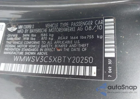 2011 Mini Cooper S z USA, uszkodzony, nr VIN WMWSV3C5XBTY20250